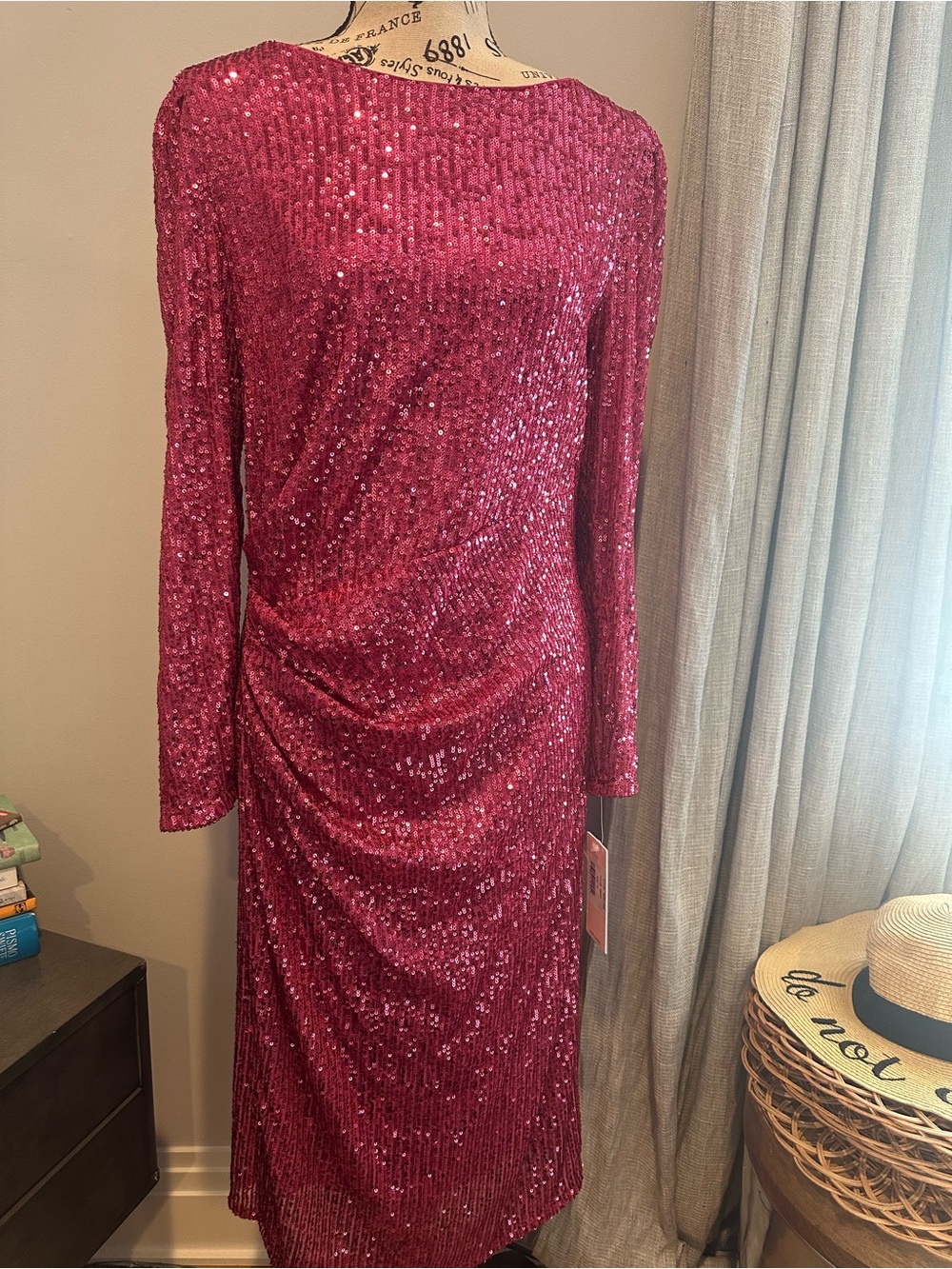 Nanette Lepore Fuchsia Sequin Long Sleeve Ruched Midi Dress - Picture 3 of 7
